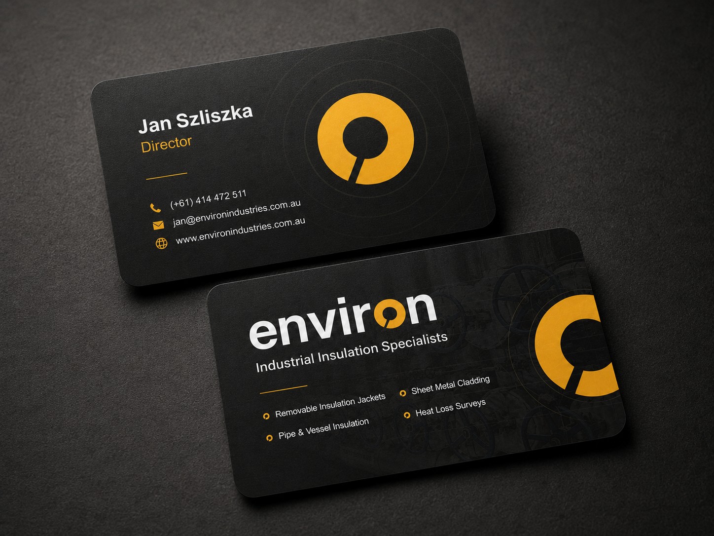 Environ Industries DL capability brochure open spread showing services and industrial photography
